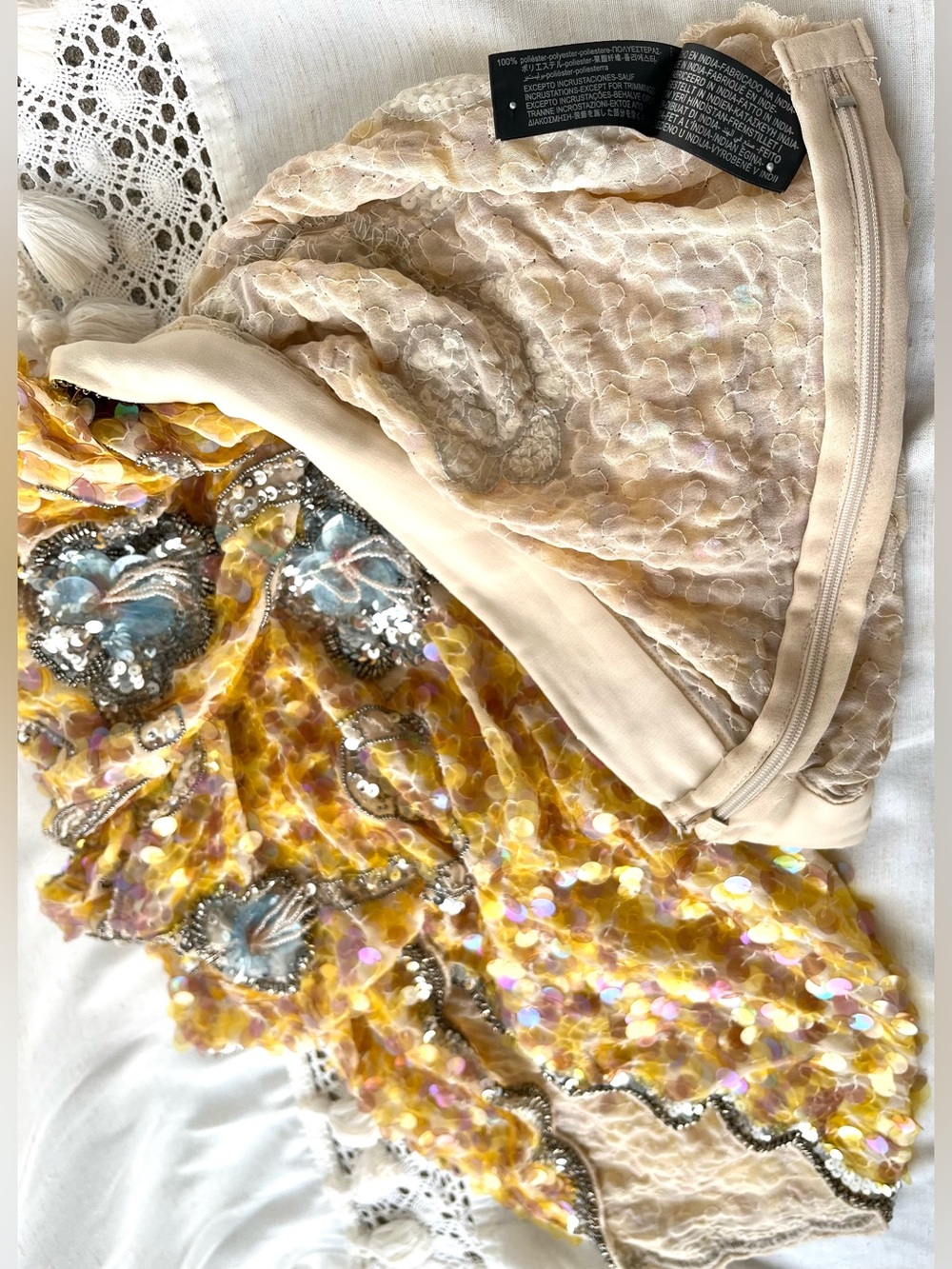 Zara Sequin Bead Embroidered Midi Skirt Yellow Silver Sirencore Fairycore Large - Picture 15 of 16